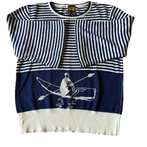 vtg 60s sailor Theme sweater Rowing Crew Nautical striped 2 Sided RARE womens - Picture 3 of 13